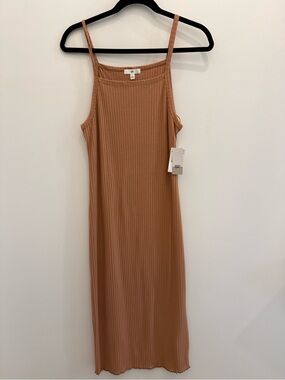 BP Ribbed Spaghetti-Strap Midi Dress in Camel